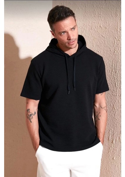 Kapşonlu Kısa Kol Düz Oversize T-Shirt - Siyah