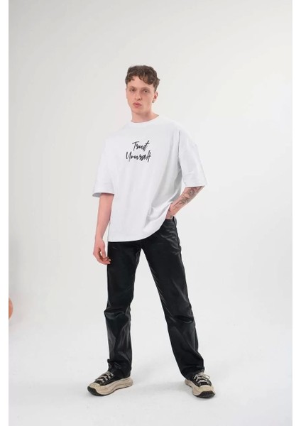 Bisiklet Yaka Baskılı Oversize T-Shirt - Beyaz fiyatları