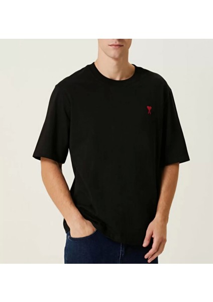 Bisiklet Yaka Baskılı Oversize T-Shirt - Siyah