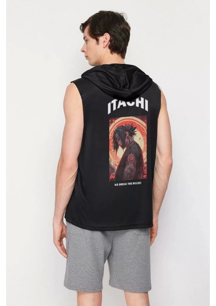 Kapşonlu Kolsuz Baskılı Oversize T-Shirt - Siyah