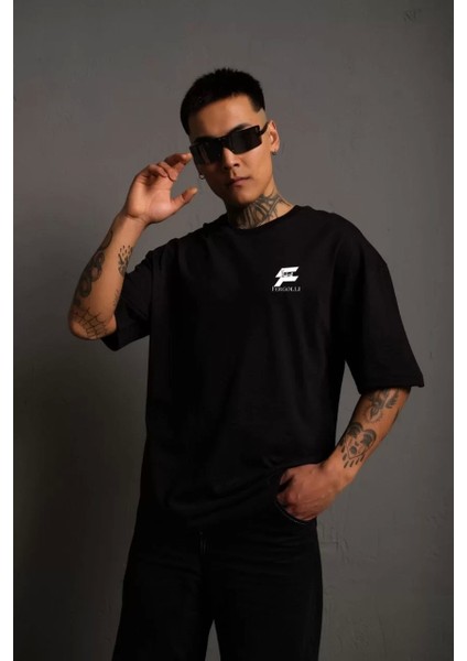 Bisiklet Yaka Baskılı Oversize T-Shirt - Siyah