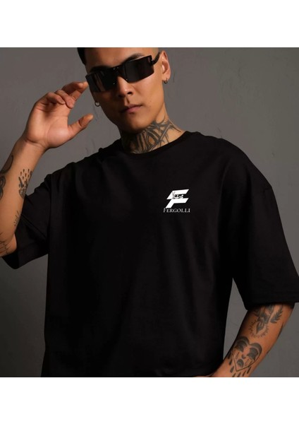 Bisiklet Yaka Baskılı Oversize T-Shirt - Siyah