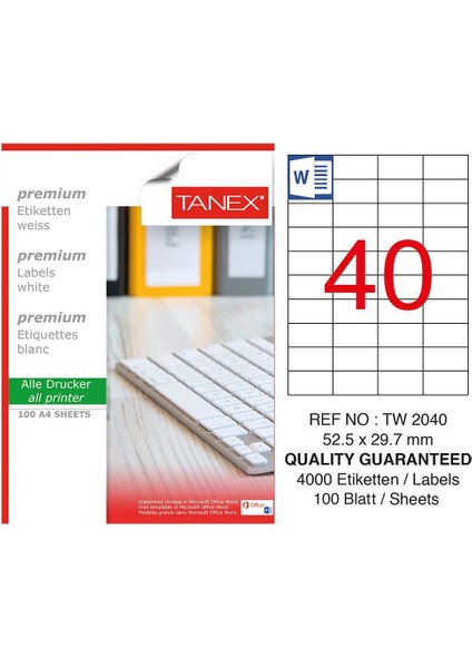 TW-2040 Yazıcı Etiketi 52.5 x 29.7 mm 4.000 Adet - Beyaz