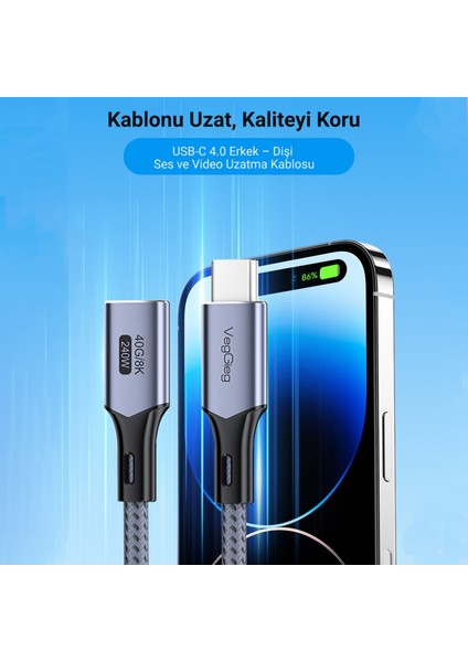 Veggieg USB 4.0 E-Mark 240W 40GBPS Thunderbolt 4 8k 60Hz Type-C Uzatma Kablosu 1 Metre