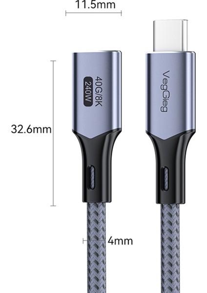 Veggieg USB 4.0 E-Mark 240W 40GBPS Thunderbolt 4 8k 60Hz Type-C Uzatma Kablosu 1 Metre