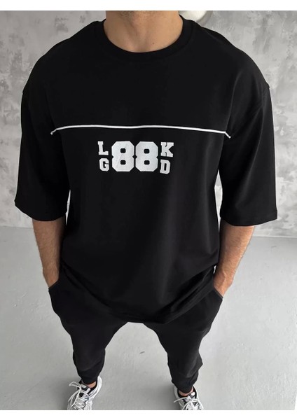 Bisiklet Yaka Baskılı Oversize T-Shirt - Siyah