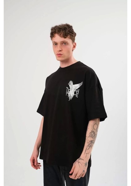 Bisiklet Yaka Baskılı Oversize T-Shirt - Siyah