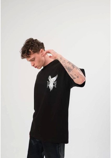 Bisiklet Yaka Baskılı Oversize T-Shirt - Siyah
