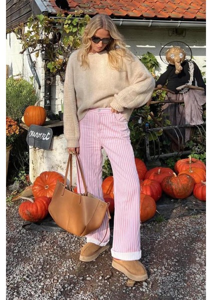 Pembe Çizgili Kadın Jean Pantolon %100 COTTON MG2463 Rahat Kesim