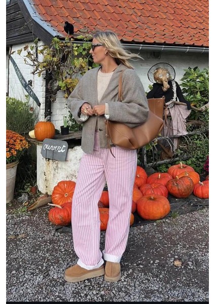 Pembe Çizgili Kadın Jean Pantolon %100 COTTON MG2463 Rahat Kesim fiyatları