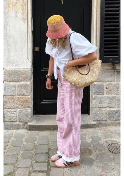 Pembe Çizgili Kadın Jean Pantolon %100 COTTON MG2463 Rahat Kesim fırsatları