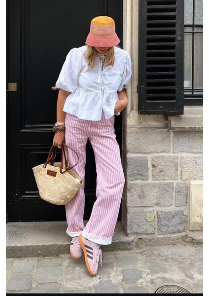 Pembe Çizgili Kadın Jean Pantolon %100 COTTON MG2463 Rahat Kesim indirimleri