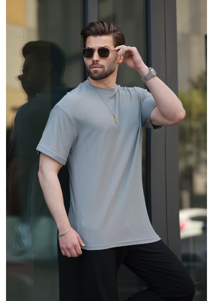 Boyalı Gri Basic Bisiklet Yaka Erkek Tişört E7133