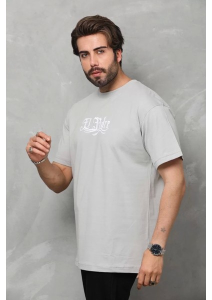 Bisiklet Yaka Baskılı Oversize T-Shirt - Gri