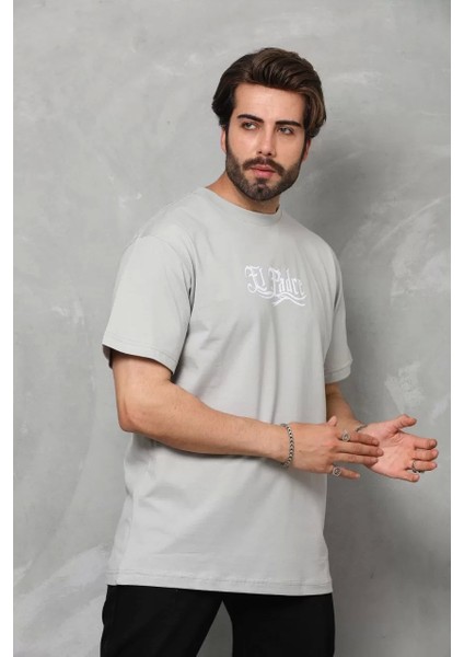 Bisiklet Yaka Baskılı Oversize T-Shirt - Gri