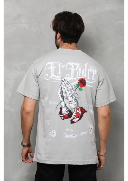 Bisiklet Yaka Baskılı Oversize T-Shirt - Gri