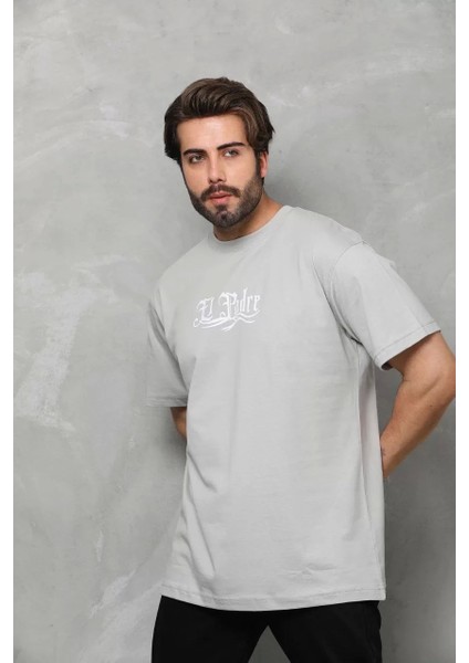 Bisiklet Yaka Baskılı Oversize T-Shirt - Gri