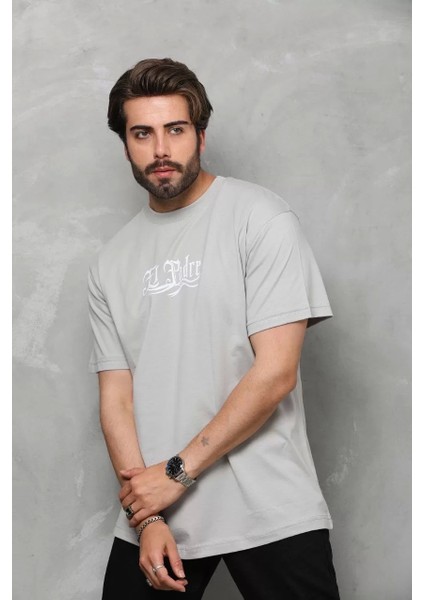 Bisiklet Yaka Baskılı Oversize T-Shirt - Gri