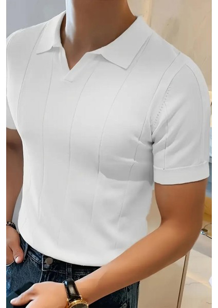 Quentin Çizgili Likralı Slim Fit Polo Yaka Örme Erkek Triko Tshirt