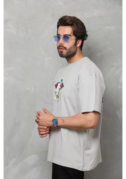 Bisiklet Yaka Baskılı Oversize T-Shirt - Gri indirimleri