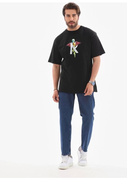 Bisiklet Yaka Baskılı Oversize T-Shirt - Siyah modelleri