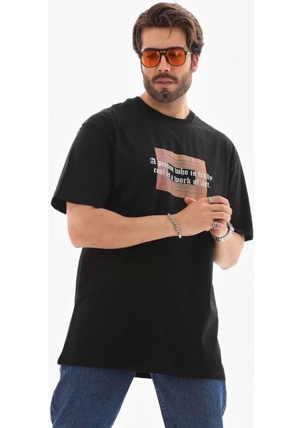 Bisiklet Yaka Baskılı Oversize T-Shirt - Siyah