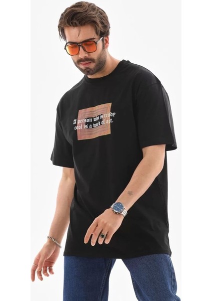 Bisiklet Yaka Baskılı Oversize T-Shirt - Siyah