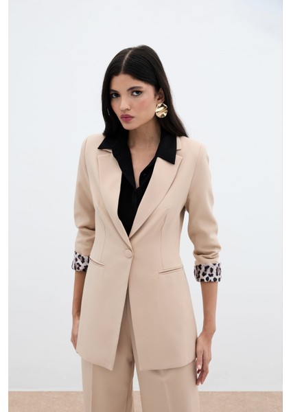 166-6005 Camel Kadın Krep Leopar Detaylı Ceket fiyatları