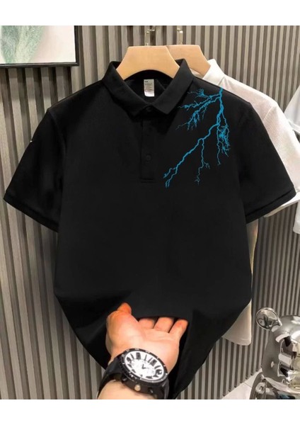 Yakası Düğmeli Oversize Baskılı T-Shirt - Siyah
