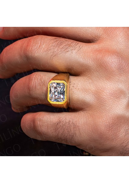 925 Ayar Gümüş Altın Kaplama Beyaz Zirkon Taşlı Sade Erkek Yüzük