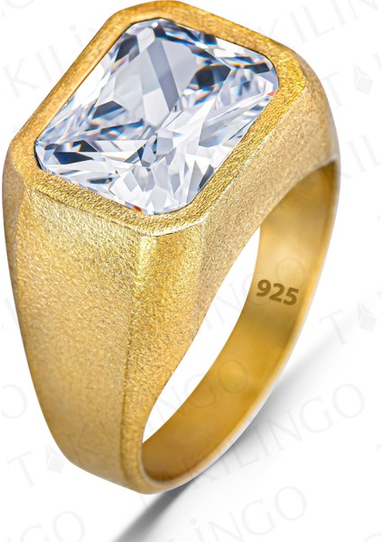 925 Ayar Gümüş Altın Kaplama Beyaz Zirkon Taşlı Sade Erkek Yüzük fiyatları