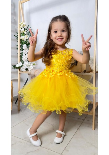 Incili Kız Çocuk Daisy Elbise MNK0585 Sarı