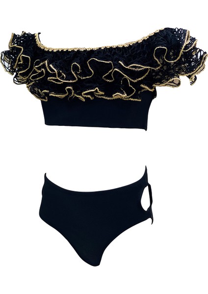 Dantel Fırfırlı Gold Biye Detaylı 50UV Kız Çocuk Bikini Takımı By Nessı Byrd