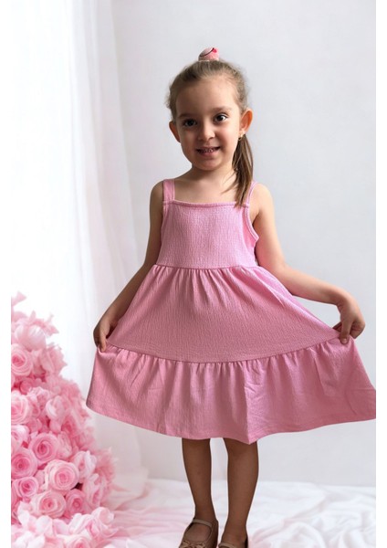 Lupinn Moda Kız Çocuk Pembe Askılı Yazlık Pamuklu Volanlı Elbise