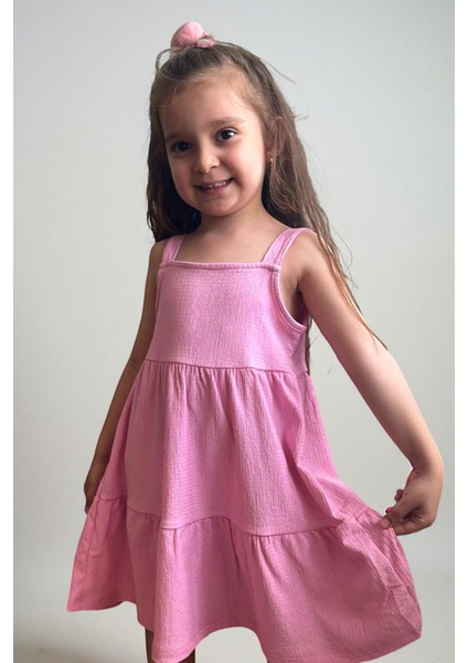 Lupinn Moda Kız Çocuk Pembe Askılı Yazlık Pamuklu Volanlı Elbise fiyatları