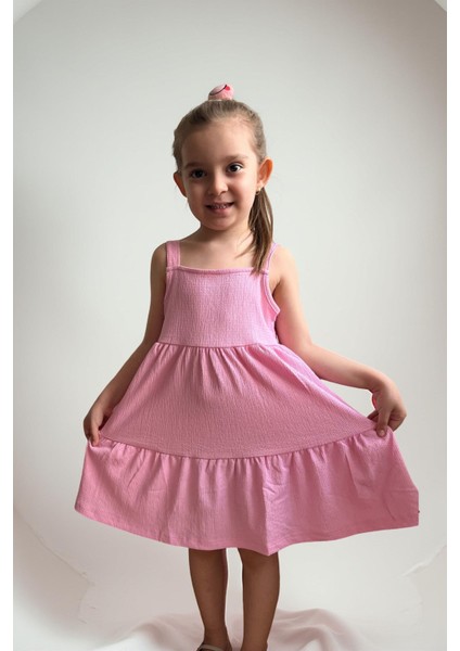 Lupinn Moda Kız Çocuk Pembe Askılı Yazlık Pamuklu Volanlı Elbise indirimleri