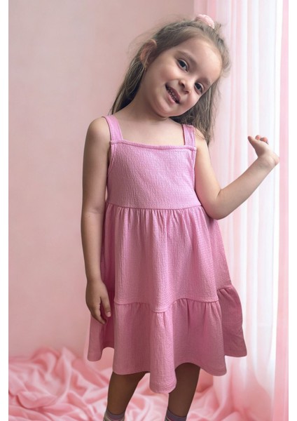 Lupinn Moda Kız Çocuk Pembe Askılı Yazlık Pamuklu Volanlı Elbise modelleri