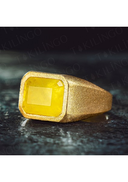 925 Ayar Gümüş Altın Kaplama Sarı Paraiba Taşlı Sade Erkek Yüzük
