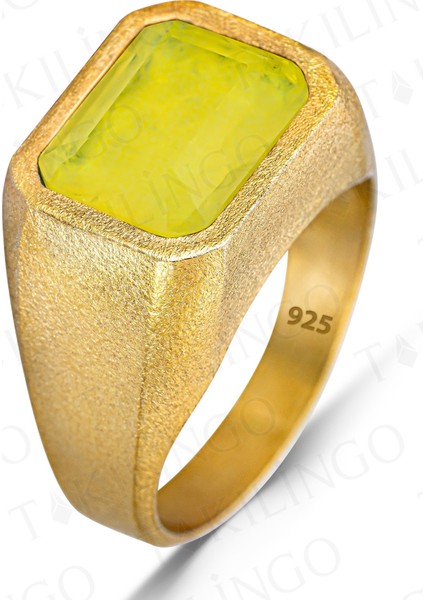 925 Ayar Gümüş Altın Kaplama Sarı Paraiba Taşlı Sade Erkek Yüzük fiyatları