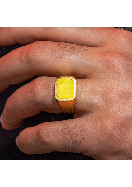 925 Ayar Gümüş Altın Kaplama Sarı Paraiba Taşlı Sade Erkek Yüzük modelleri