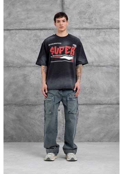 Siyah Super Yazılı Oversize Tshirt