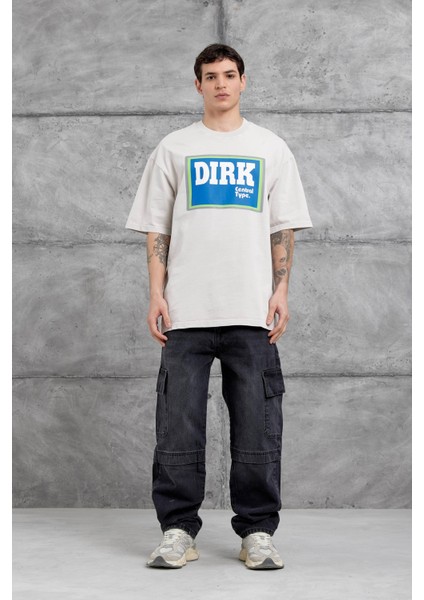 Krem Yıkamalı Dirk Yazılı Oversize Tshirt