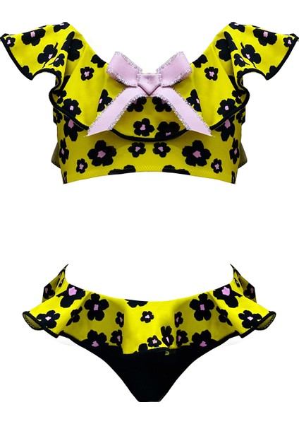 Papatya Desenli Fırfırlı Fiyonk Detaylı 50UV Kız Çocuk Bikini Takımı by Nessi Byrd