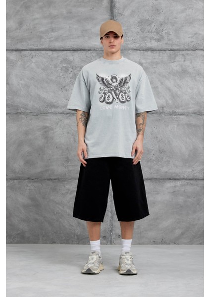 Gri Love Money Yazılı Yıkamalı Oversize Tshirt