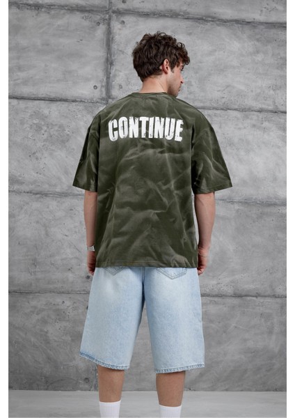 Haki Drift Yazılı Yıkamalı Oversize Tshirt