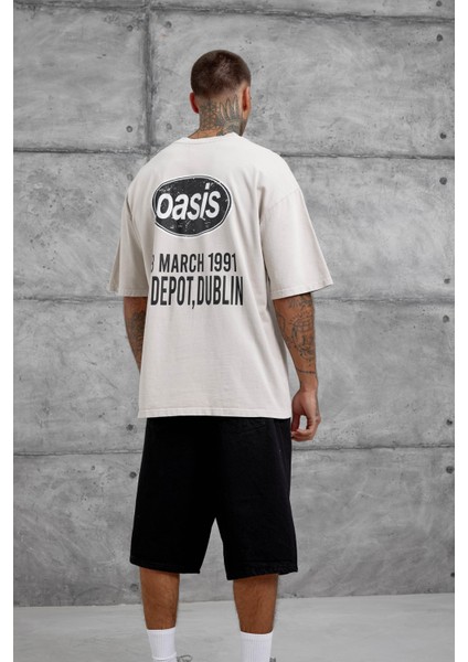 Krem Oasis Yazılı Yıkamalı Oversize Tshirt