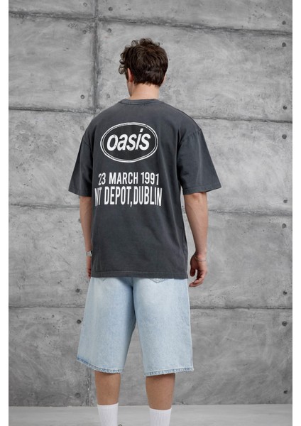 Füme Oasis Yazılı Yıkamalı Oversize Tshirt
