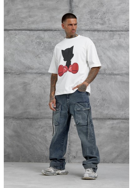 Beyaz Figür Baskılı Oversize Tshirt