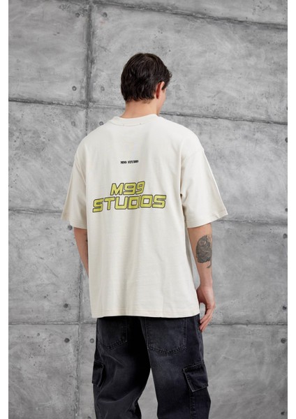 Krem M99 Studio Yazılı Oversize Tshirt
