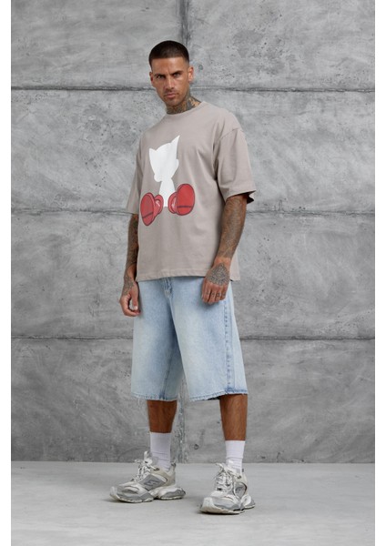 Kahverengi Figür Baskılı Oversize Tshirt